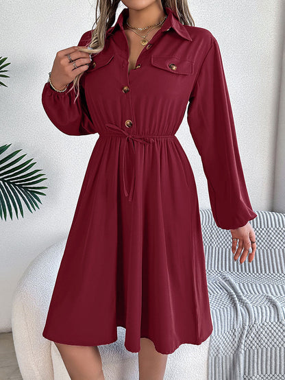 A-line Long Sleeves Buttoned Pleated Solid Color Tied Lapel Midi Dresses Shirt Dress