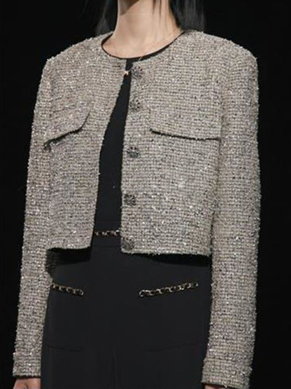 Long Sleeves Loose Buttoned Pockets Weave Round-Neck Outerwear
