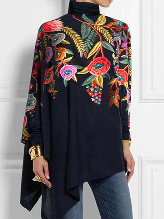 Batwing Sleeves Loose Printed High Neck T-Shirts