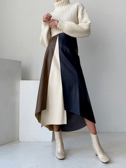 A-Line High Waisted Asymmetric Contrast Color Split-Front Skirts Bottoms