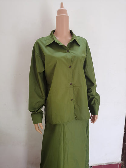 Solid Color High-Low Long Sleeves Buttoned Split-Side Lapel Shirts Top   Skirts Bottom Two Pieces Set