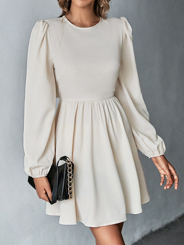 A-Line Bishop Sleeve Backless Elasticity Hollow Pleated Solid Color Tied Round-Neck Mini Dresses