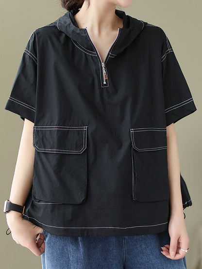 Loose Short Sleeves Zipper Hooded T-Shirts Tops