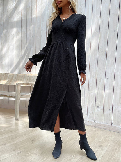 A-Line Long Sleeves Buttoned Elasticity Solid Color Split-Side V-Neck Midi Dresses