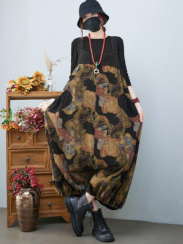 Artistic Retro Vintage Loose Floral Printed Square-Neck Sleeveless Overalls