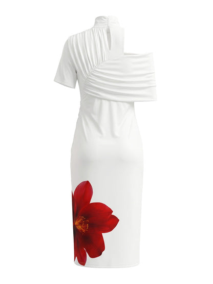 Bodycon Short Sleeves Flower Print Pleated Split-Front High Neck Midi Dresses