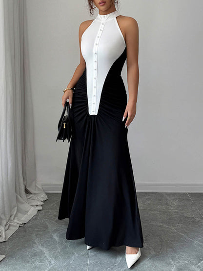 High Waisted Sleeveless Buttoned Contrast Color Pleated Split-Joint Halter-Neck Maxi Dresses