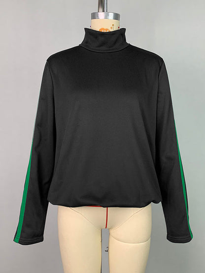 Long Sleeves Loose Buttoned Hollow Printed Split-Joint High Neck Sweatshirt Tops