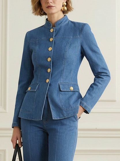 Long Sleeves Buttoned Pockets Solid Color Stand Collar Outerwear