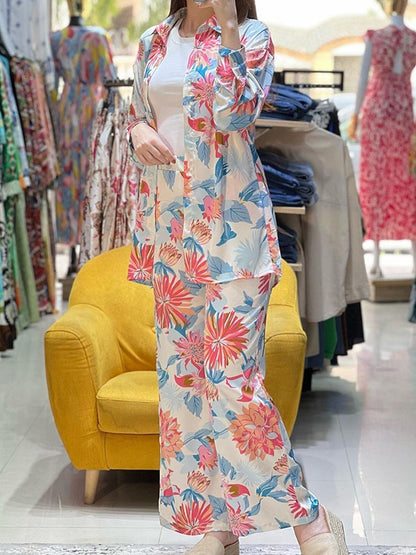 Long Sleeves Buttoned Flower Print Lapel Shirts Top +High Waisted Pants Bottom Two Pieces Set