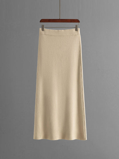 Loose Puff Sleeves Hollow Solid Color Sweater + Elasticity Skirt Two Pieces Set