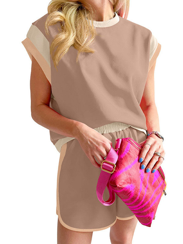 Contrast Color Short Sleeves Round-Neck T-Shirt + Elasticity Shorts Two Pieces Set