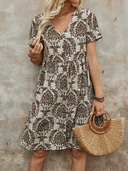 A-Line High Waisted Buttoned Pleated Printed Split-Joint V-Neck Mini Dresses