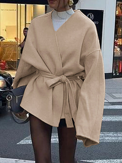Long Sleeves Loose Solid Color Tied Waist V-Neck Outerwear