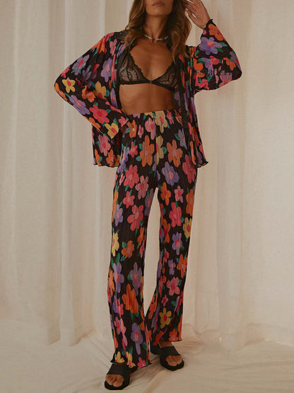 Long Sleeves Loose Buttoned Flower Print Pleated Lapel Shirts Top + Elasticity Pants Bottom Two Pieces Set