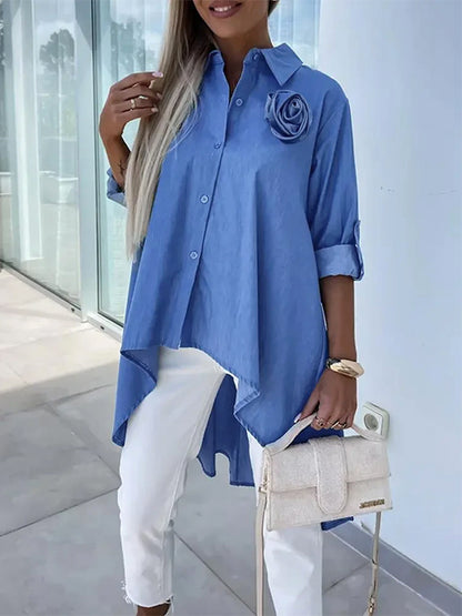 Half Sleeves High-Low Buttoned Pockets Solid Color Lapel Blouses&Shirts Tops