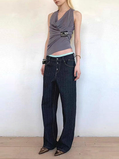 Loose Sleeveless Pleated Solid Color Heaps Collar Tank Top