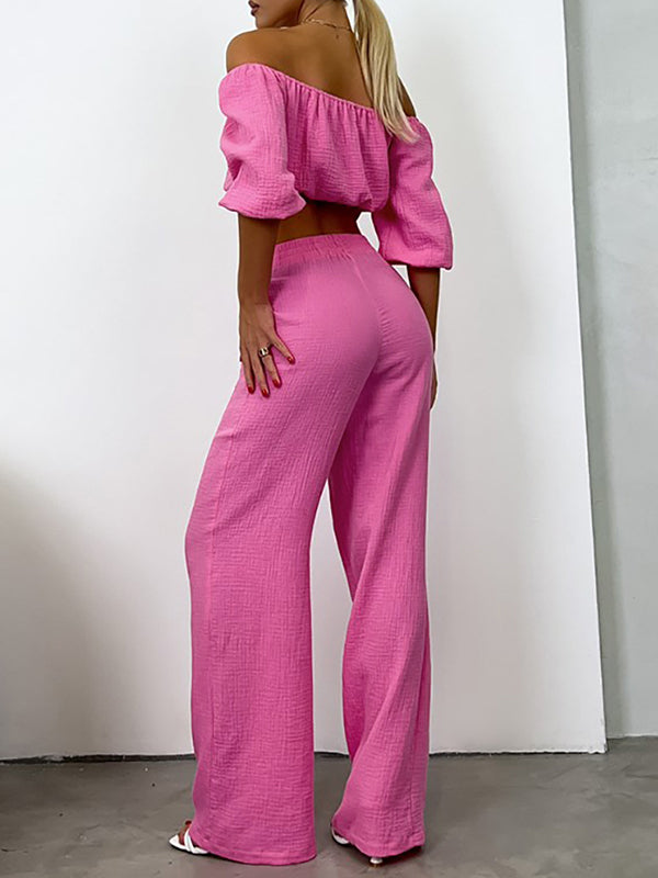 Puff Sleeves Elasticity Solid Color Off-The-Shoulder Vest Top + High Waisted Pants Bottom Two Pieces Set