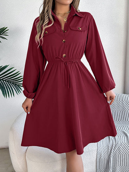 A-line Long Sleeves Buttoned Pleated Solid Color Tied Lapel Midi Dresses Shirt Dress