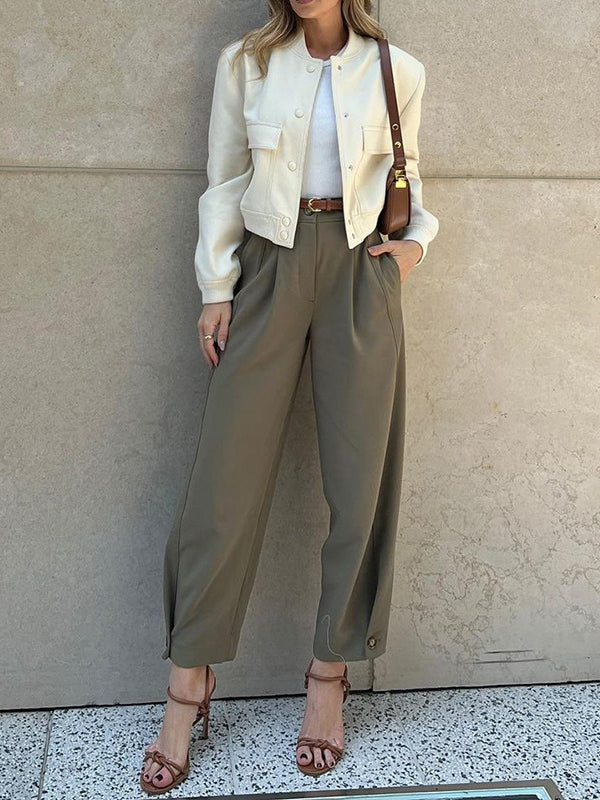 High Waisted Loose Buttoned No Belt Pleated Pockets Suit Pants