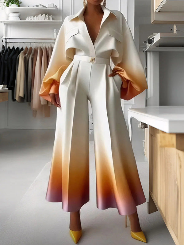 Loose Puff Sleeves Gradient Split-Joint Lapel Blouses&Shirts Tops