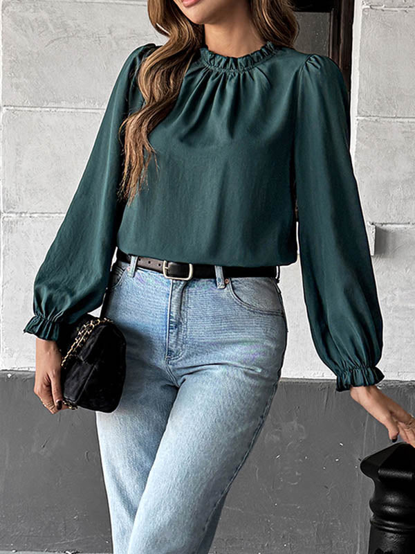 Long Sleeves Loose Elasticity Pleated Ruffle Trim Solid Color Mock Neck Blouses&Shirts Tops