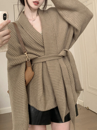 Long Sleeves Loose Solid Color Tied Waist V-Neck Cardigan Tops