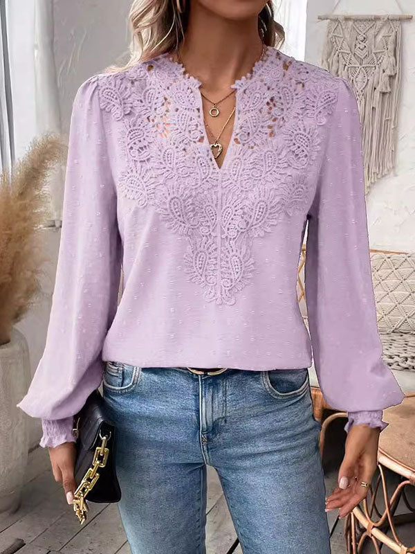 Loose Puff Sleeves Elasticity Hollow Jacquard Solid Color Split-Joint V-Neck Blouses&Shirts Tops