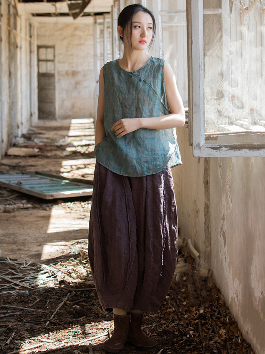 Women Summer Retro Flower Button Ramie Vest