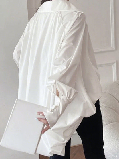 High-low Plus Size Long Sleeves Pleated Solid Color Lapel Collar Blouses&shirts Tops