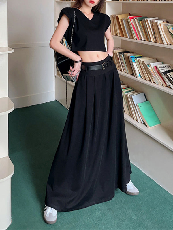 A-Line High Waisted Belted Pleated Solid Color Skirts Bottoms