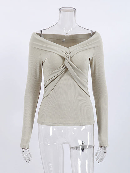 Long Sleeves Skinny Keep Warm Knot Solid Color V-Neck T-Shirts Tops