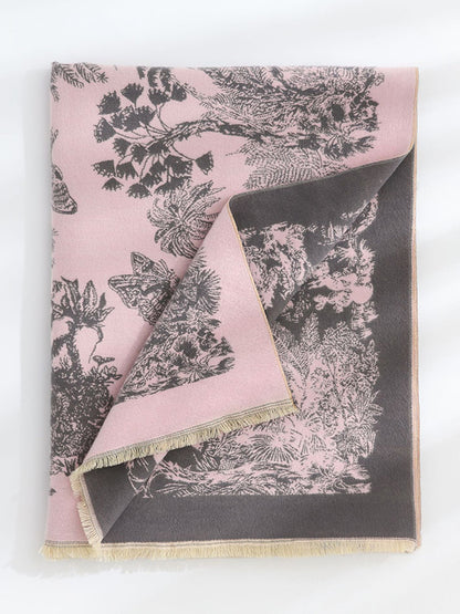 Contrast Color Floral Tasseled Shawl&Scarf