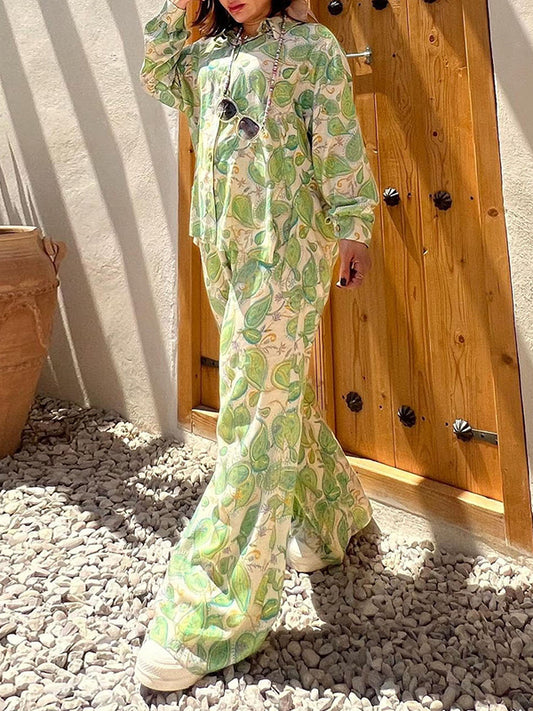 Leaves Print Long Sleeves Loose Buttoned Split-Side Lapel Shirts Top +  Pants Bottom Two Pieces Set