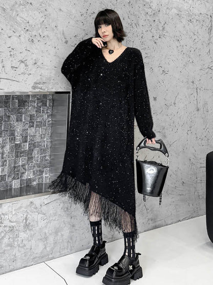 Irregularity Long Sleeves Contrast Color Sequined Shiny Split-Joint Tasseled V-Neck Midi Dresses Sweater Dresses