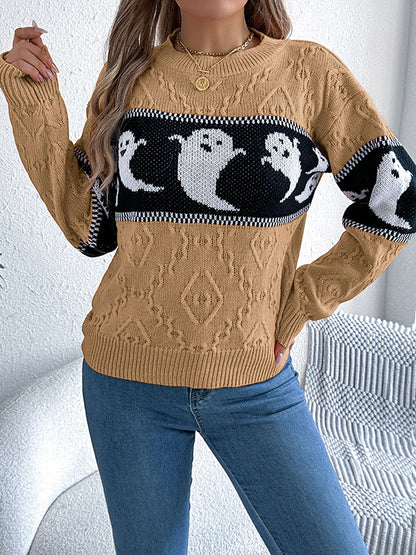 Long Sleeves Loose Contrast Color Split-Joint Round-Neck Pullovers Sweater Tops
