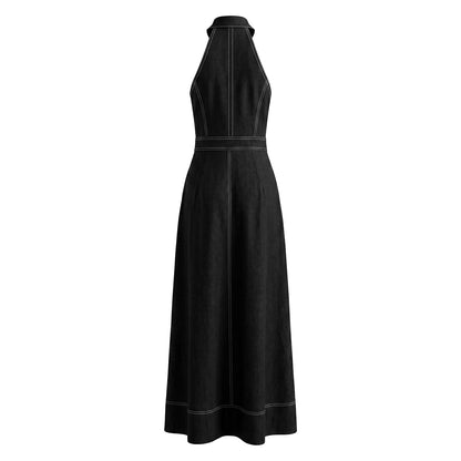 A-Line High Waisted Pleated Pockets Solid Color Zipper Stand Collar Maxi Dresses
