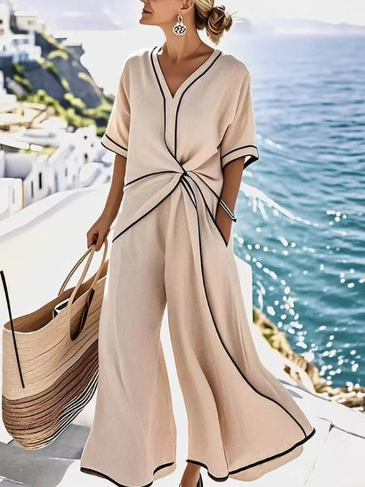 A-Line High Waisted Contrast Color Knot Line Pleated Pockets V-Neck Jumpsuits