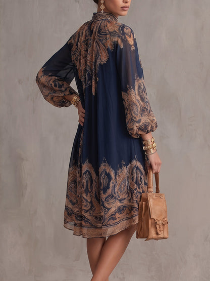 High-Low Long Sleeves Pleated Printed Mock Neck Mini Dresses
