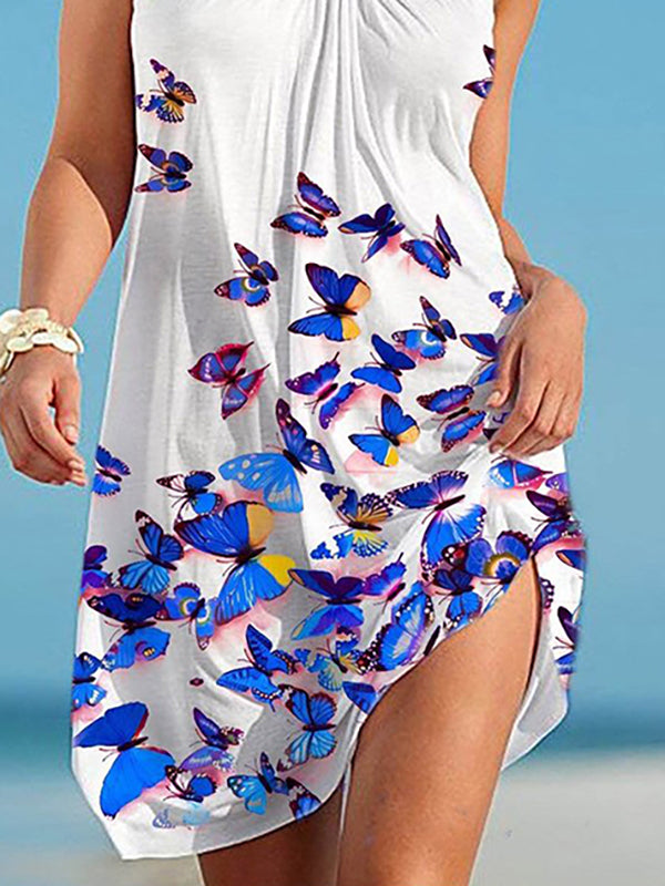 A-Line Loose Butterfly Print Pleated Spaghetti-Neck Mini Dresses