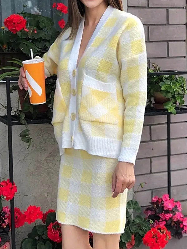 Long Sleeves Loose Buttoned Plaid Pockets Split-Joint V-Neck Cardigan Tops + Skirts Bottom Two Pieces Set