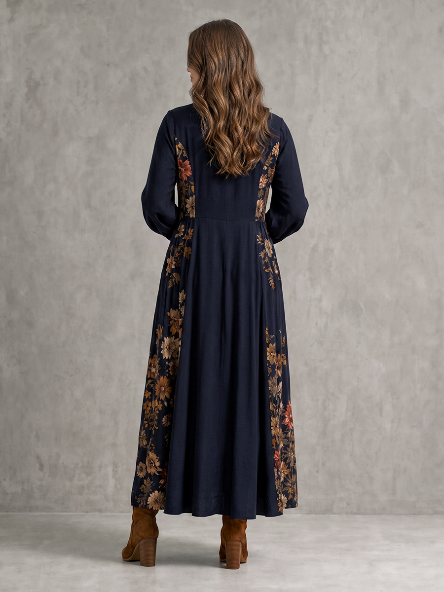 Pockets Pleated Flower Print Contrast Color Buttoned Loose Long Sleeves Round-neck Maxi Dresses