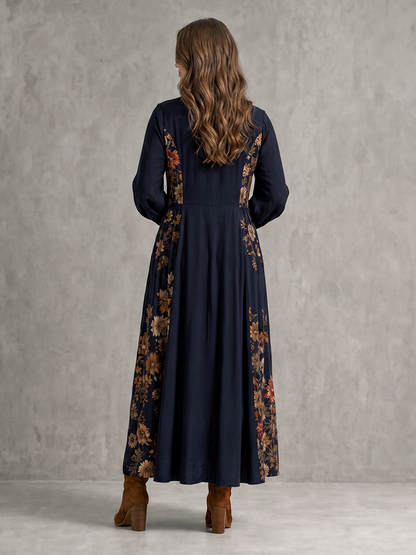 Pockets Pleated Flower Print Contrast Color Buttoned Loose Long Sleeves Round-neck Maxi Dresses