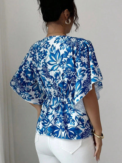 Flared Sleeves Half Sleeves Buttoned Contrast Color Flower Print Pleated V-Neck Blouses&Shirts Tops