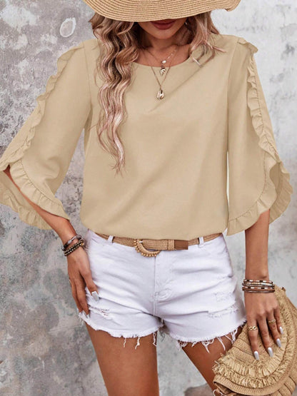 Batwing Sleeves Long Sleeves Ruffled Solid Color Split-Joint Round-Neck Blouses&Shirts Tops