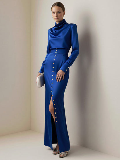 Split-Joint Heaps Collar Long Sleeves Pleated Blouses&Shirts Tops + Elasticated Waist Asymmetric Buttoned  Contrast Color Split-Side Zipper Skirts Bottoms Two Pieces Set