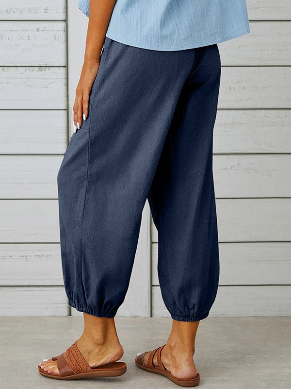 High Waisted Loose Buttoned Drawstring Elasticity Pockets Split-Joint Ninth Pants Trousers