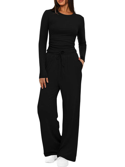 Solid Color Pleated Round-Neck T-Shirts Tops +  Elasticated Waist High Waisted Drawstring Pants Two Pieces Set