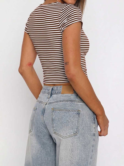 Striped Contrast Color Skinny Short Sleeves Square-neck T-Shirts Tops