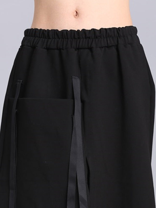 Raised Bands Split-Joint Asymmetric Black Empire Skirt